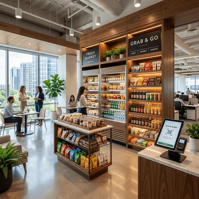 Modern micro market and vending machine setup in an Atlanta office break room